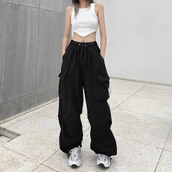 Streetwear Cargo -housut naisille, rennot vintage-tyyliset leveälahkeiset suorat housut, lenkkeilyhousut isoilla taskuilla, ylisuuret haalarit, collegehousut Black L