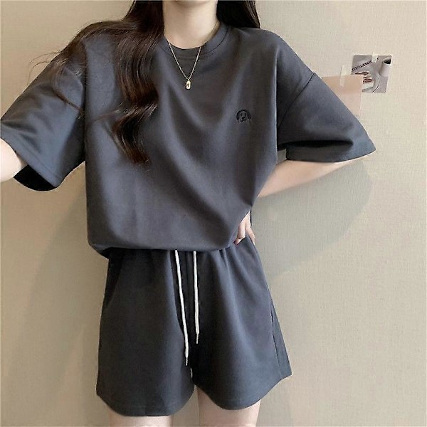 Sommarkläder för Dam Korta Set Koreansk Mode Träningsdräkt Casual O-ringad Hals Kortbyxor och Korta Ärmar Tvådelade Set gray XL