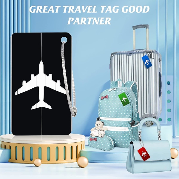 6 stk. bagasjelapp med flymotiv - koffertlapp i aluminiumlegering med rustfrie ståltråder og vanntett PVC-kort - bagasjelapper (6 farger)