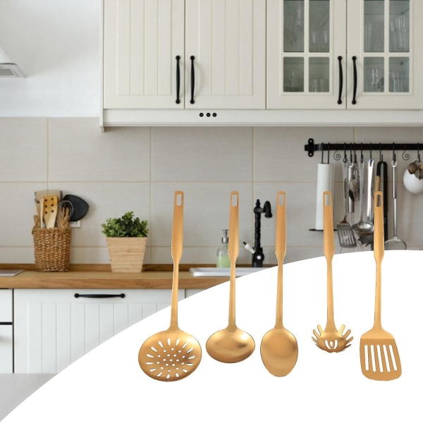 Kjøkkenredskaper i rustfritt stål 5-delt kokesparkelsett, kjøkkenverktøysett, gull