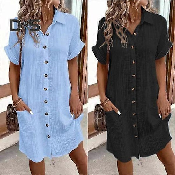 Sommer Kjole til Kvinder Nedfaldskrave Enkeltknappet Løs Korte Ærmer Løs Ensfarvet Patch Lomme Knælang Pendler Fritid Midi Kjole black 2XL