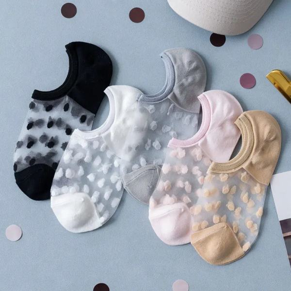 Mjuka Dam Spets Båtsockar Osynliga Sockor 5 Par Tunn Kristallglas Silke No Show Sockor Stickade Låga Transparenta Korta Sommarsockor White
