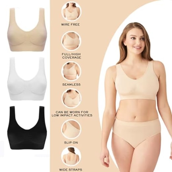 Sømløs sports-BH for kvinner, komfortable trådløse trenings- og yogabher, sove-BH for jenter, ultra tynne full cup crop topper shapewear stretchbare bher White XXL