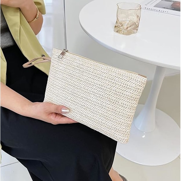 Kvinnors halmkoppling väska bohemisk sommar strand väskor vävda handväska kvinnor handväska plånbok dragkedja handledsväska halmkoppling Beige-white