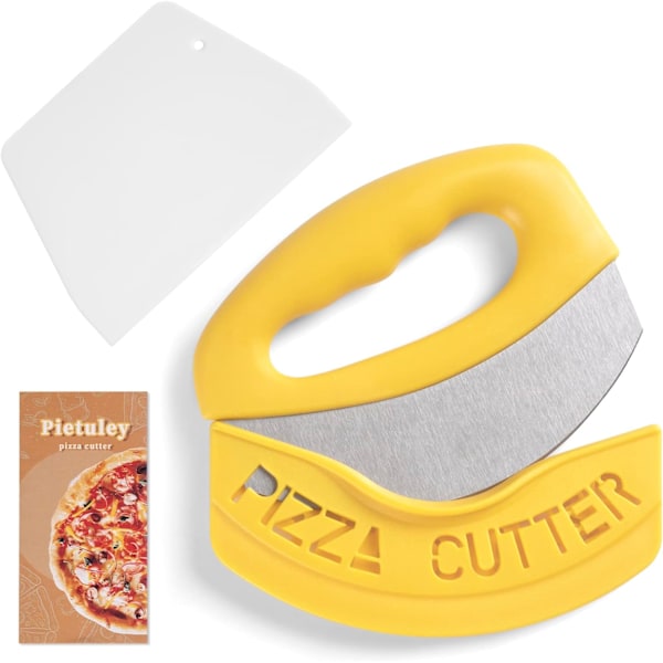 Novelty Pizza Cutter with Cover and Plastic Dough Scraper, Pizza Cutter Rocker, Kitchen Gadgets, Pizza Oven,Pizza Kit Tool Yellow