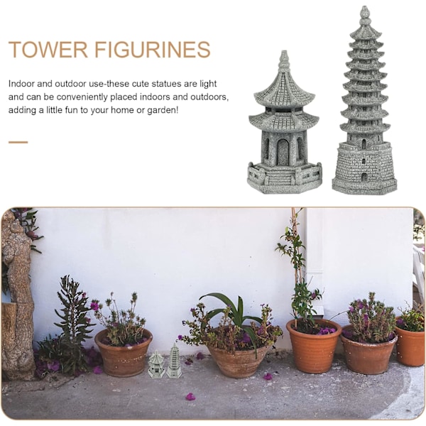 2 stk. Mini Pagode Statue Zen Miniature Pagode Hexagon Figurine DIY Mikro Landskab Fe Hjemmehave Dukkehus Ornamenter