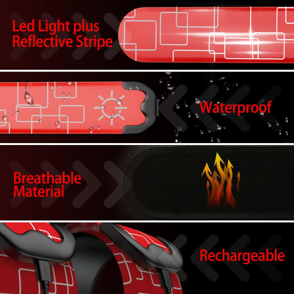 Ledarmband för löpning, 2-pack löparljus för löpare Uppladdningsbara reflekterande löparutrustning Light Up Armband LED-armbandsljus med hög synlighet red