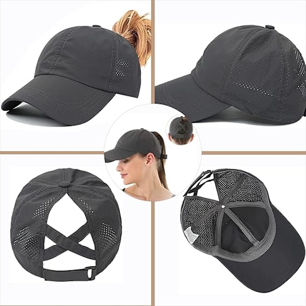 Dame Cross Ponytail Baseball Cap, Hurtigtørkende Mesh Utendørs Sports Cap med Hestehalehull Justerbar Reise Sommerhatt Dark Gray