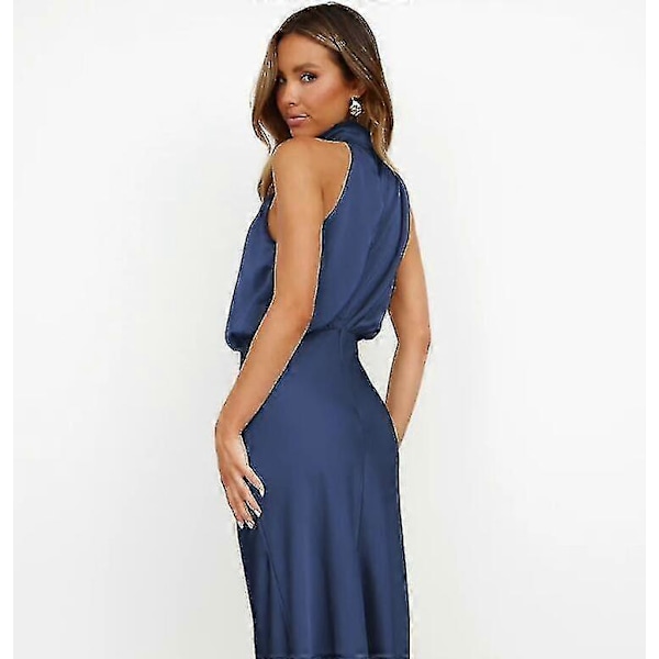Sommerkjole i sateng for kvinner, uten ermer, plissert og lang Navy blue L