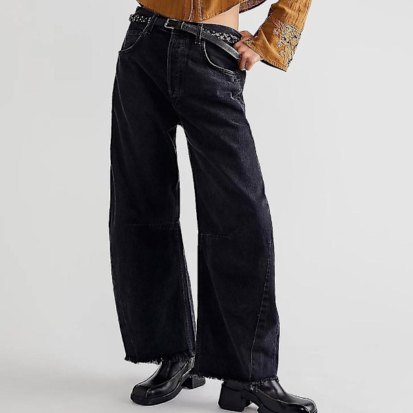 Wide Leg Denim Bukser Komfortable Åndbare Bukser til Dates og Transport Black S