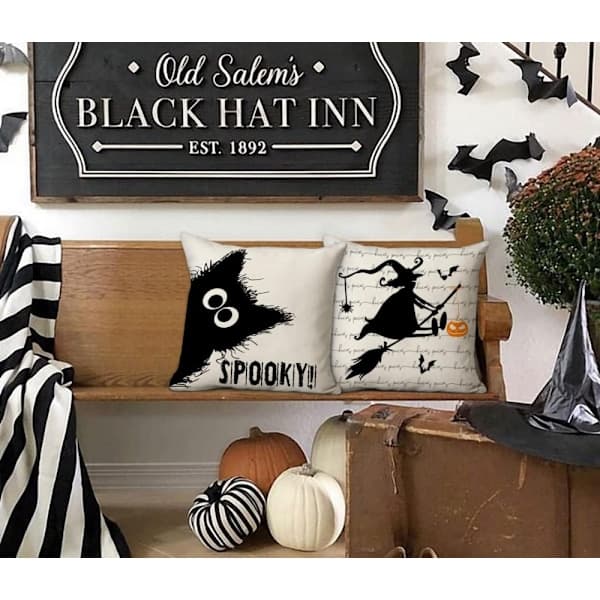4 stk. 45*45cm Halloween Græskar Heks Gård Kat Boo Spøgelse Udendørs Sort Efterår Puder Dekorative