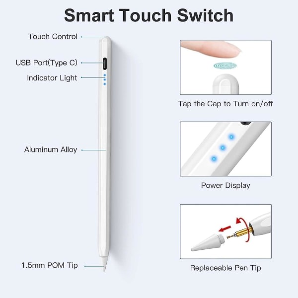 Stylus Pen Kompatibel med Apple Ipad (2018-2022), Palm Afvisning og Tilt Detection, Active Pen til Ipad Air 5/4/3 Gen, Ipad 9/8/7/6 Gen, Ipad Pr