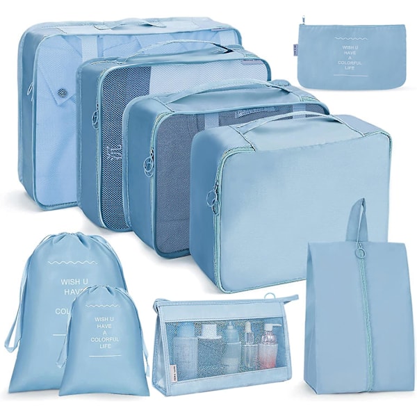 8 stk. Rejseorganisatorposer, Bagagepakkeposer med Sko Opbevaringsposer, Mesh Makeupposer light blue
