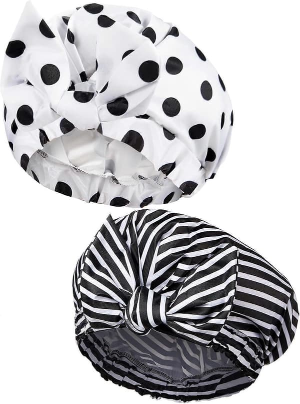 2 stk. dusjhetter for kvinner, gjenbrukbare vanntette dusjhetter med elastisk kant, turban badehhetter for langt hår (sorte prikker og striper)