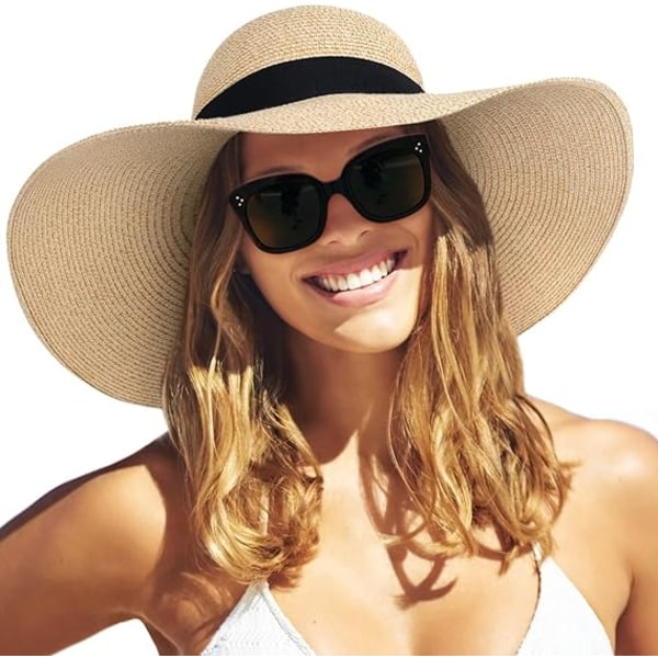 Dam solhatt i halm med bred brätte, sommarhatt, hopfällbar, rullbar, floppy strandhattar för kvinnor