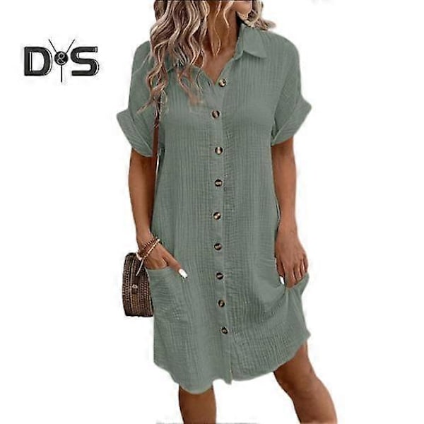 Sommer Kjole til Kvinder Nedfaldskrave Enkeltknappet Løs Kortærmet Ensfarvet Patch Lomme Knælang Pendler Fritid Midi Kjole green 2XL