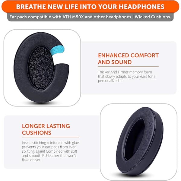 Wicked Cushions Opgraderede Erstatningsørekopper til ATH M50X - Passer til Audio Technica M40X / M50XBT / HyperX Cloud & Cloud 2 / SteelSeries Arctis 3/5 / 7 /