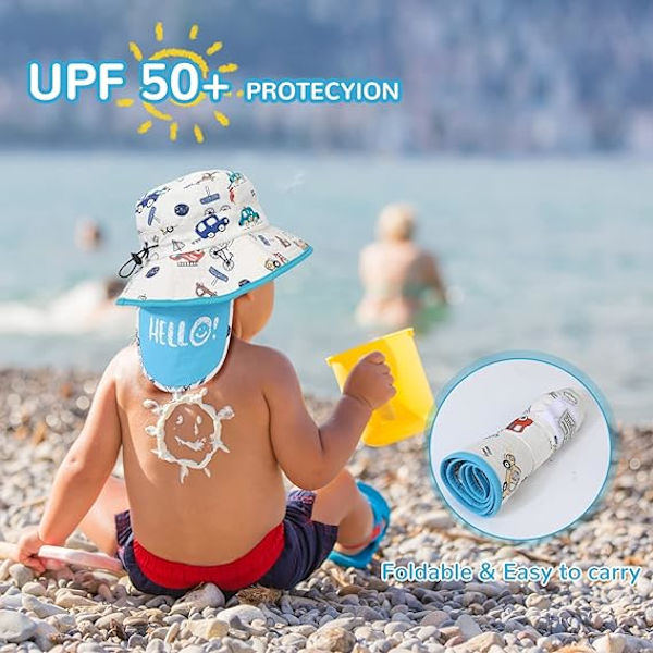 Solhatt Barn Sommar Bucket Hat Bred Brätte Strandhatt med Hakrem UPF50 Dinosaurie Flap Cap för Barn 2-10 År