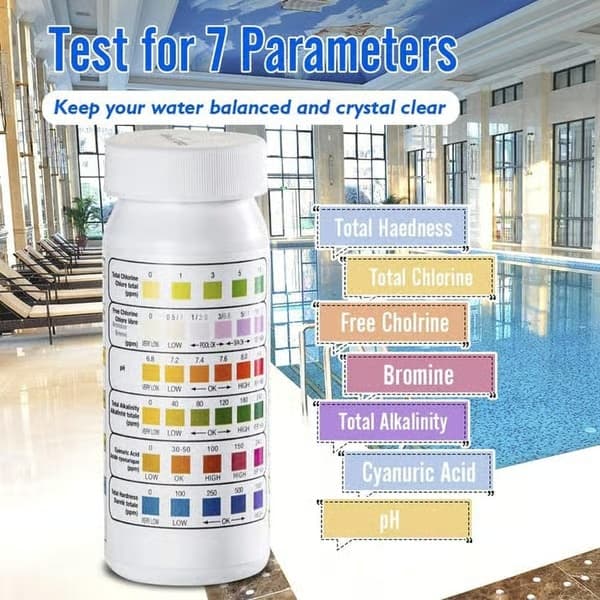 6-i-1 Pool- og Spa-teststrimler, Vandtester 50-pak - pH, Klor, Alkalinitet, Cyanursyre, Hårdhed