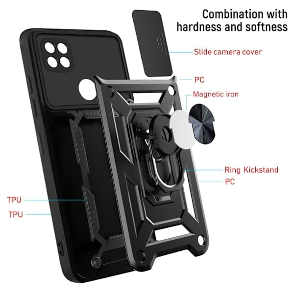 Magnetisk rustning støtteben telefonveske med ring svart Redmi 9C/POCO C3/10A svart