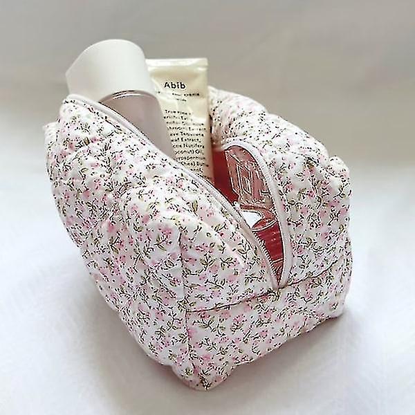 Floral Puffy Quilted Makeup Bag Stor reisekosmetikkveske Rose Pink Kb