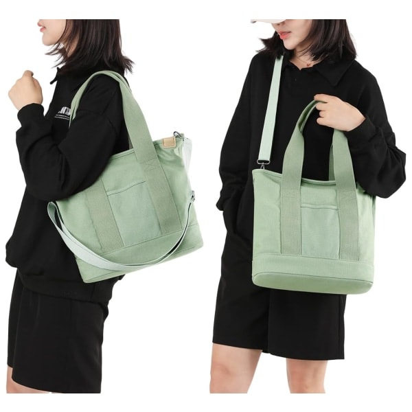 Multi-lomme Tote Bag med Glidelås, Lerrethandlaget Japansk Håndveske med Rom, Multifunksjonell Skulderveske Green