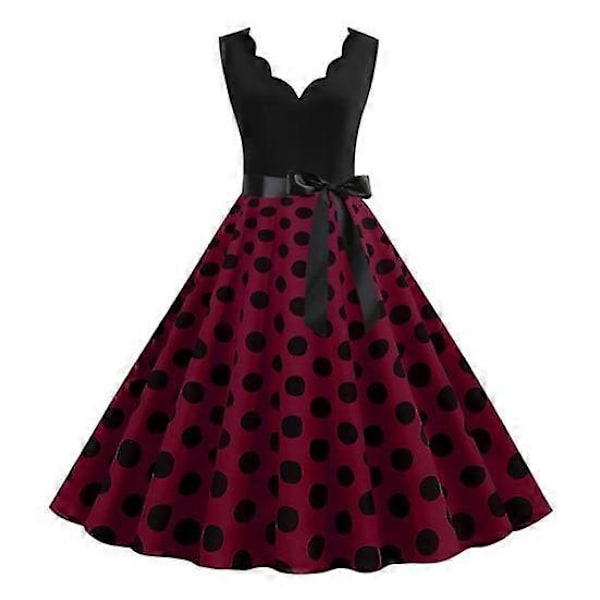 Dam Midiklänning V-ringning Hög Midja Snörning Åtsittande Klänning Blomma Rosett Dekor Ärmlös A-linje Lös Fåll Prickigt Tryck Retro 50-tal wine red 2XL