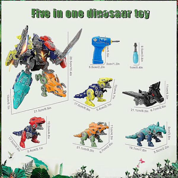Dinosaur Robotsett Leke for Barn med Elektrisk Drill 5 i 1 Transformerende Dinosaurlekesett Dinosaurmonteringsett