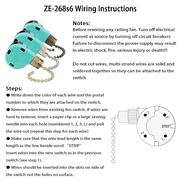 3 st ZE-268S6 Takfläktbrytare 3 Hastigheter 4 Ledningar för Takfläktar och Vägglampor Dragkedjeswitch