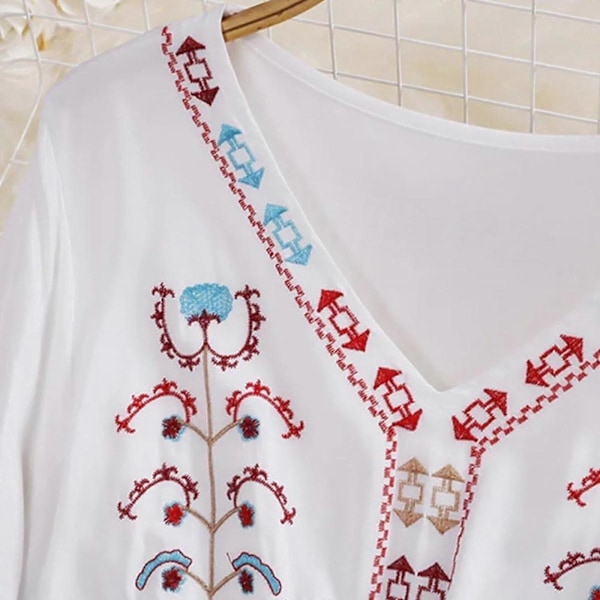 Naisten mekko, brodeerattu kukkakuvio, rento rantamekko katukäyttöön, päivittäiseen käyttöön, festivaaleille, valkoinen White Average Size