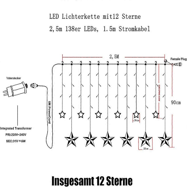 12 Stjerne LED Lysstreng, Julebelysning, Stjerneforhæng, 138 LED'er, 8 Tilstande, til Indendørs, Udendørs, Jul, Fest, Dekoration, Bryllup, Have style1431