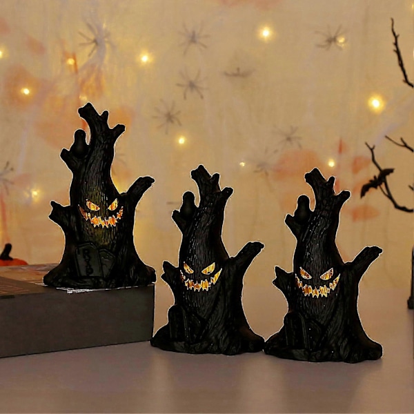 Halloween-kummituspuun kanto LED-valolla, puun kasvot valaisevat LED-kummituspuun kanto paristoilla Halloween-juhliin 3 Pcs