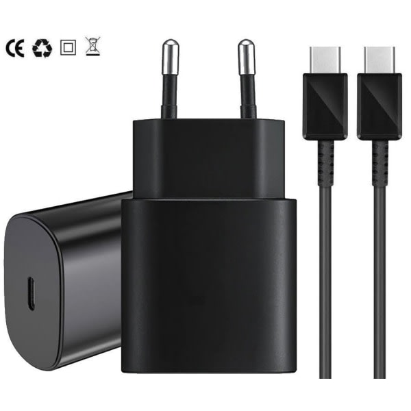 Rask lader 25W USB-C vegglader strømadapter + 1M USB-C-kabel svart