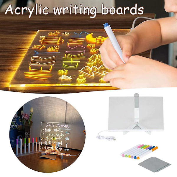Akryl LED-anteckningsbräda med 7 färgade pennor, enkel skrivbordsritningsmeddelandebräda för barn, pojkar, flickor 15x15cm