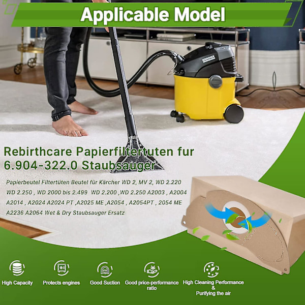 15 Pölynimuripussia Kärcher Wd2 Mv2 6.904-322.0 Wd 2.200 Wd2250 A2004 A2054 A2099 Märkä- ja kuivaimuri Vaihtopaperisuodatinpussit, Pussi F