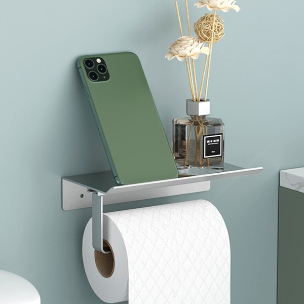 2 i 1 toalettrullehållare Väggmonterad, vit toalettpappershållare självhäftande metall aluminium köksrullehållare med hylla