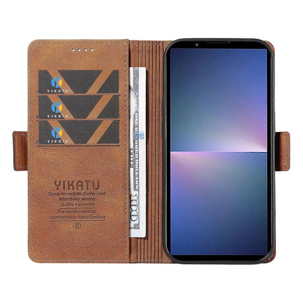 Læder telefoncover med foldbart stativ og pung til Sony Xperia 5 V Brown