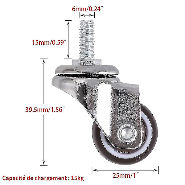 4 kpl Kääntyviä Pyöriä, 25mm Varsi Huonekalupyörät M615, Kumiset Kääntyvät Pyörät, Kärryihin, Vaunuihin, Pinnasänkyyn, Kaappiin, Pöytään, Kuormaukseen