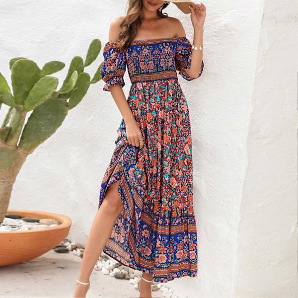 Dame Trykket Maxikjole Kort Pufferme Elastisk Rynket Byste Off Shoulder Lang Kjole Rød Base XL