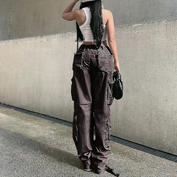 Dame Baggy Hip Hop Cargo Bukser Med Lomme Y2k Lav Talje Snøre Løse Joggingbukser Cargo Bukser Casual Sweatpants Streetwear Grey L