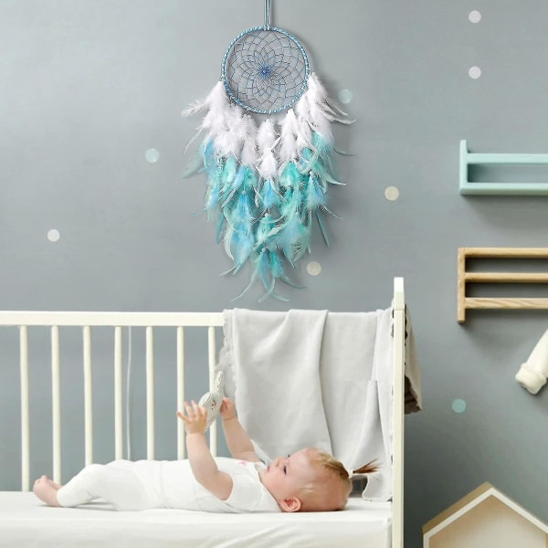 Sininen ja valkoinen höyhen unelma sieppari lapset seinälle ripustettava perinteinen käsintehty unelma sieppari pyöreä verkko boho seinätaide makuuhuoneen asuntolan kodin sisustus G