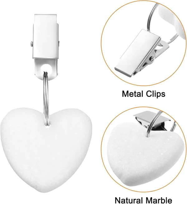 6 stk Hjerte Dukholder med Vektet Metallklips (Hvit)