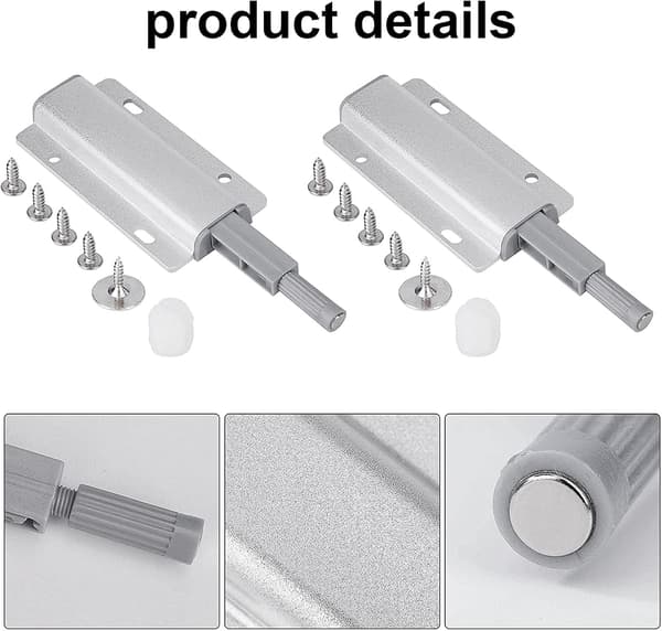 4 stk. Tryk-døråbner Magnetisk Hasp, Magnetisk Dørlukker (Sølv)