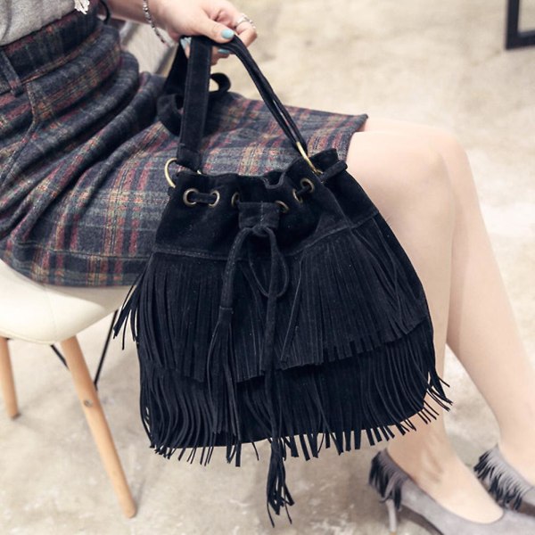 Retro Faux Suede Fringe Tassels Bag Women Messenger Bag New Handbag Black