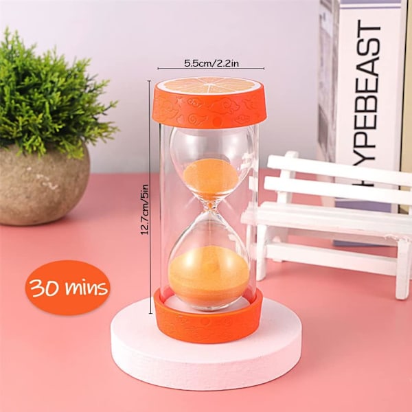 Frugt Timeglas Sand Timer, Sikker Farverig Klar Mål Sandglas med Beskyttende Dæksel Base til Hjemmekontor Dekoration Køkken Madlavning Nedtælling Orange 30 min