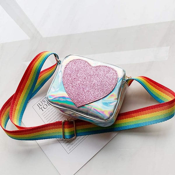 Trendy Veske for Jenter med Sekvens Hjerte Regnbue Skulderstropp Crossbody Vesker Pung for Små Jenter Småbarn (Sølv)