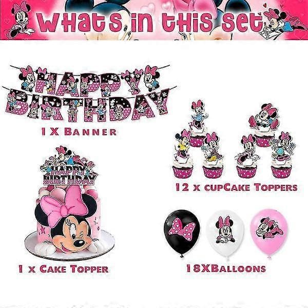 Minnie Mouse Børnefødselsdag Dekorationer Tilbehør Banner Balloner Kagepynt Sæt