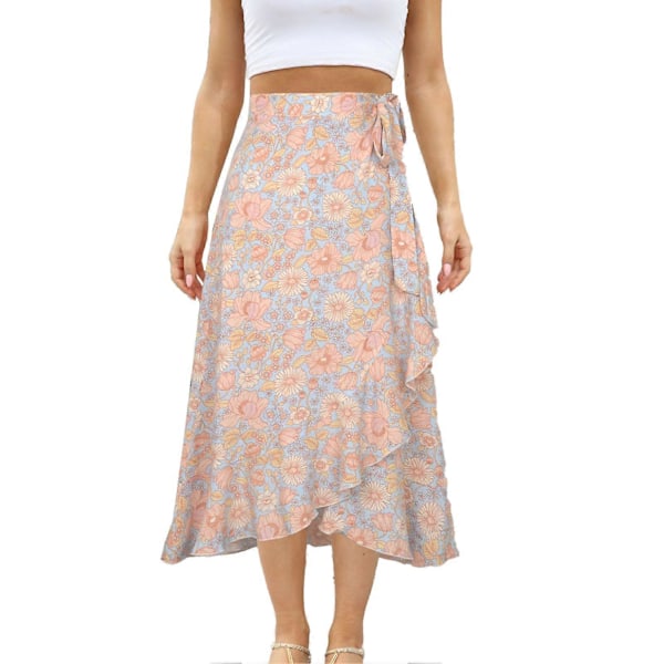 Dame Høj Talje Slå-om Nederdel Blomsterprint One Piece Flæsekant Flowy Bindebånds Nederdel Beige M