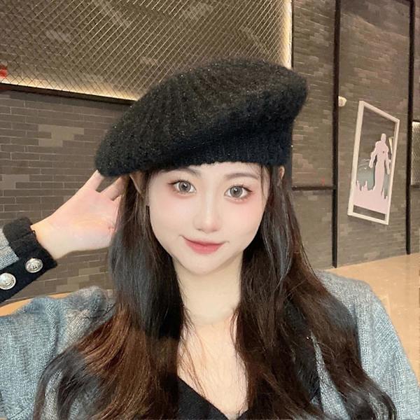 Beret Hat Efterår Vinter Kanin Plys Knittet Åndbar Stilfuld All-match Ensfarvet Elastisk Malerhat Beige One Size