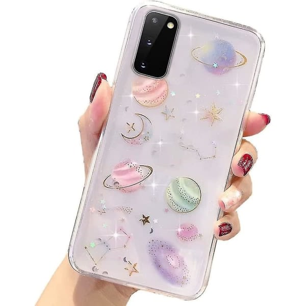 Flicka Case för Samsung Galaxy S21 5g Glitter Case Söt & Snygg Klar Glittrande Bling Case för Tjejer Kvinnor Planet Stjärnor Design Mjuk TPU Stötsäker C